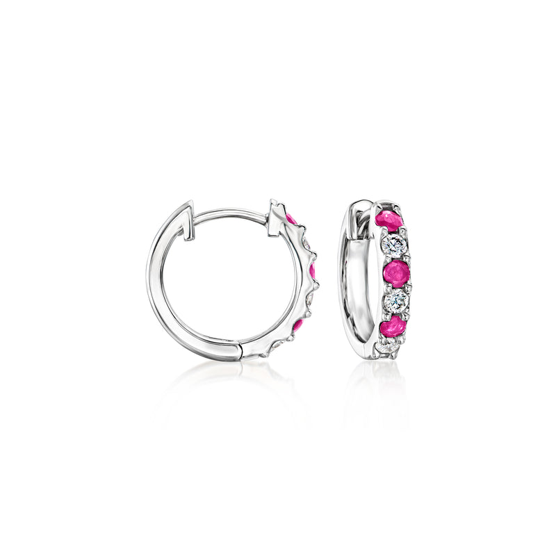 Sterling silver huggie hoop earrings with pink round gemstones, hinged closure