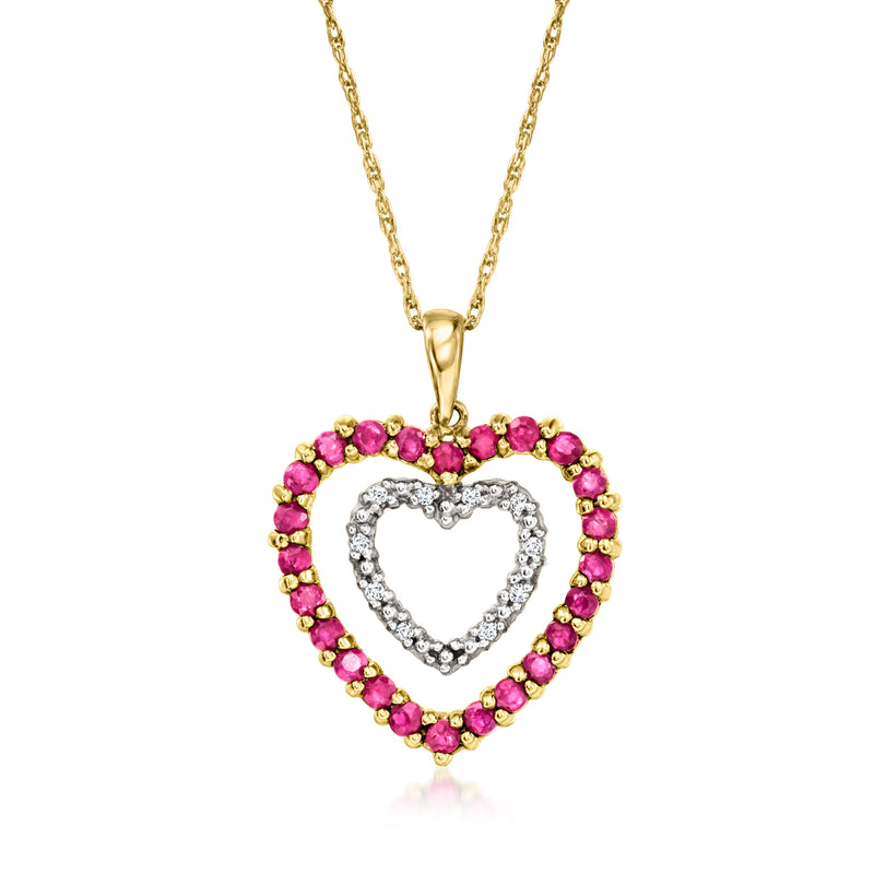 10kt yellow gold ruby and diamond double-heart pendant necklace on a chain