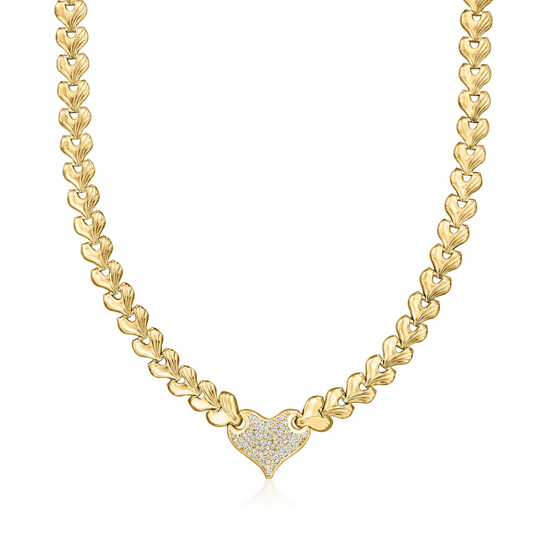 Italian diamond heart link necklace in gold over sterling with pavé heart pendant