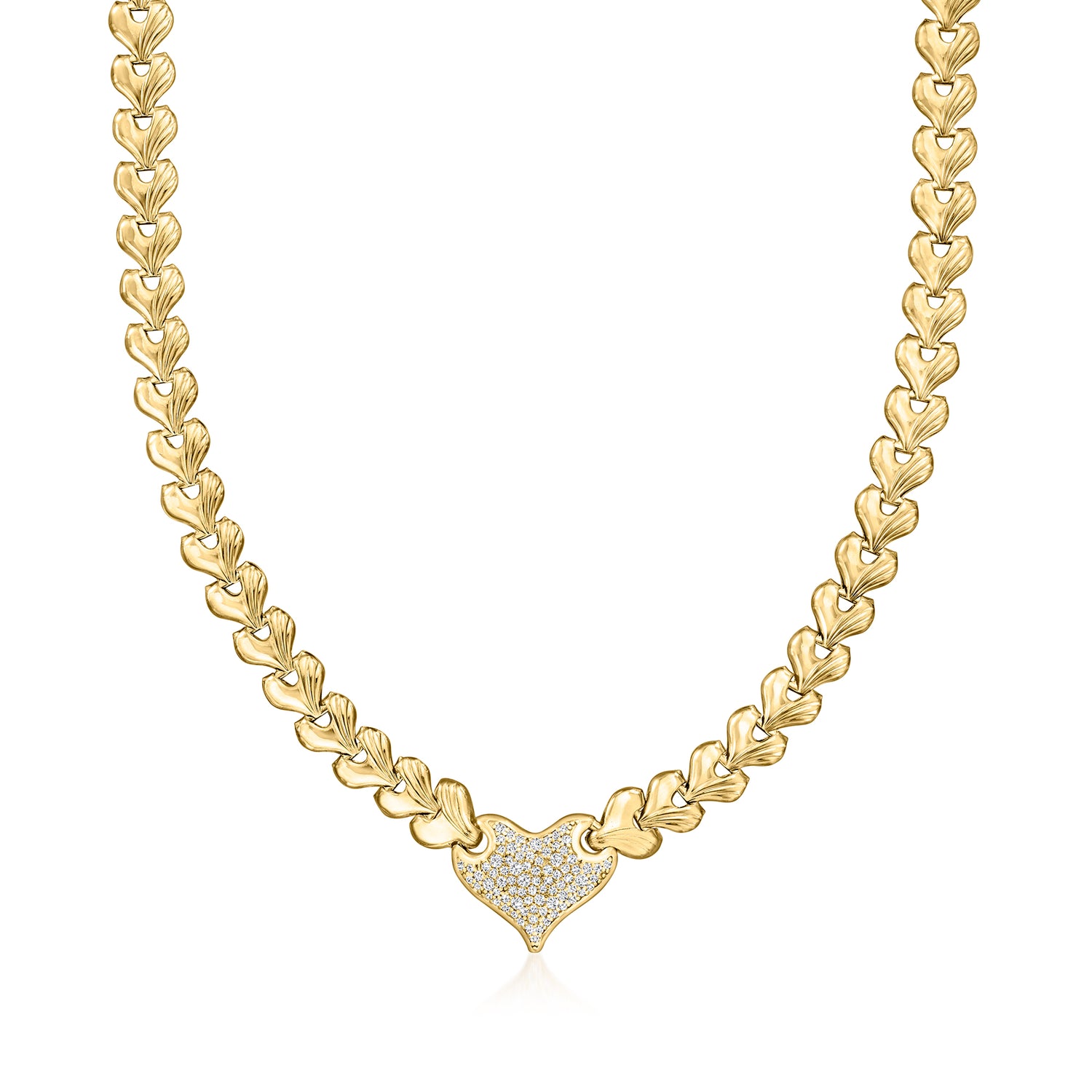 Italian .65 ct. t.w. Diamond Heart Link Necklace in 18kt Gold Over Sterling