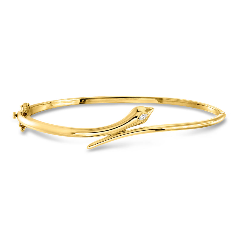 Gold vermeil snake bypass bangle bracelet with single lab-grown diamond, open cuff style