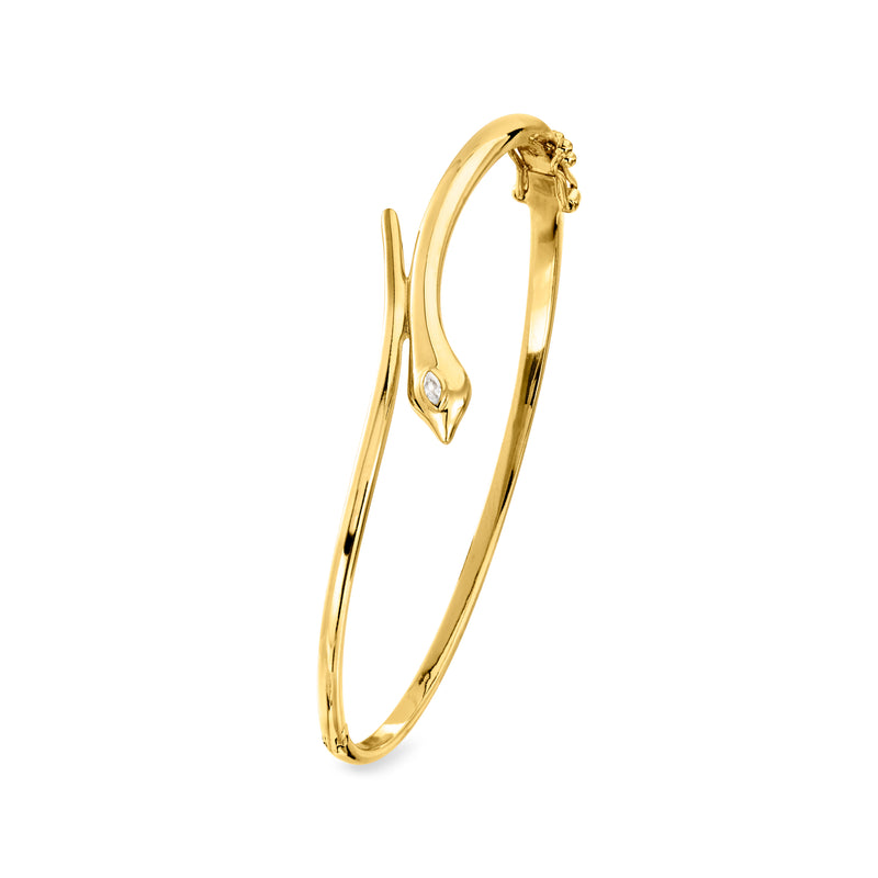 Gold vermeil snake bypass bangle bracelet with single lab-grown diamond, hinged open cuff