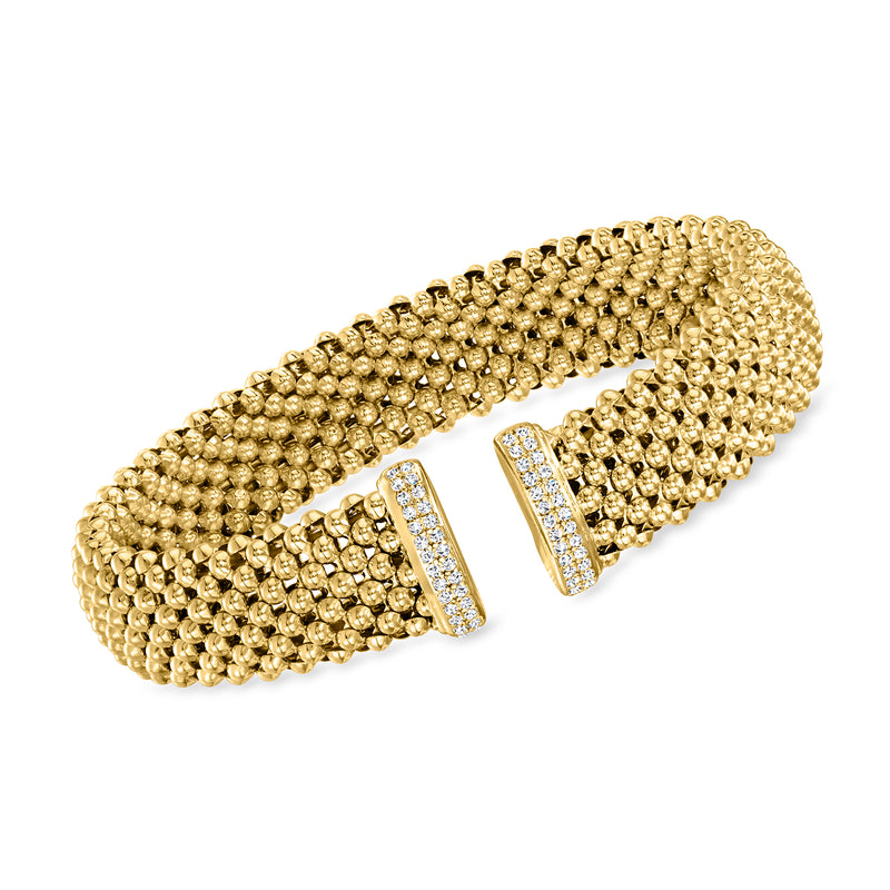 18kt gold over sterling popcorn mesh cuff bracelet with two diamond-style stone bands