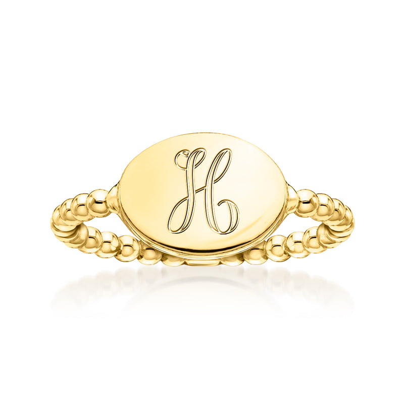 Gold vermeil oval ring with beaded band and engraved monogram H