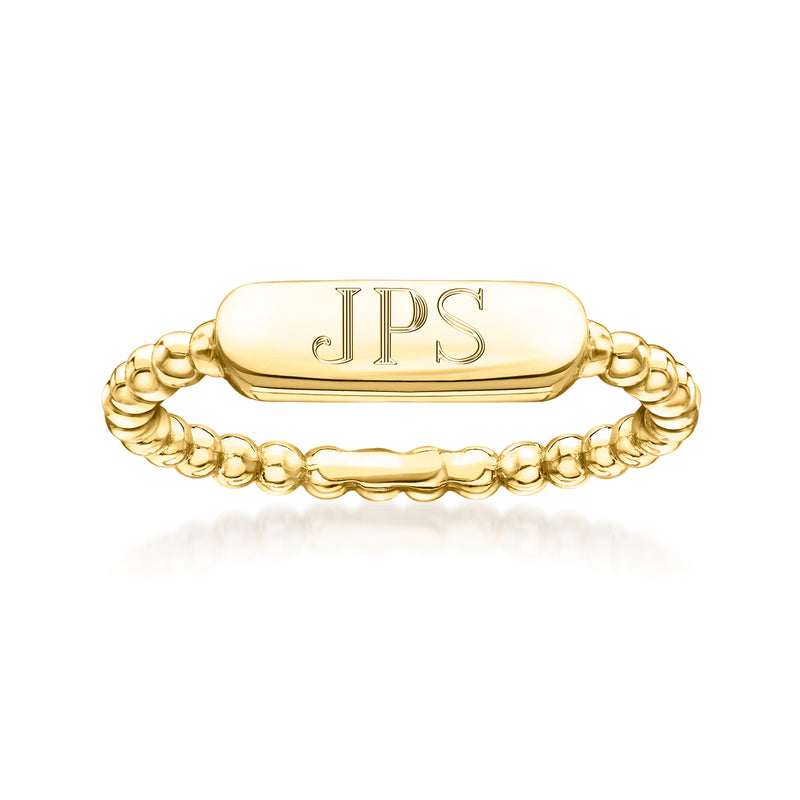 Personalized gold vermeil bar ring with beaded rope band, engraved initials JPS