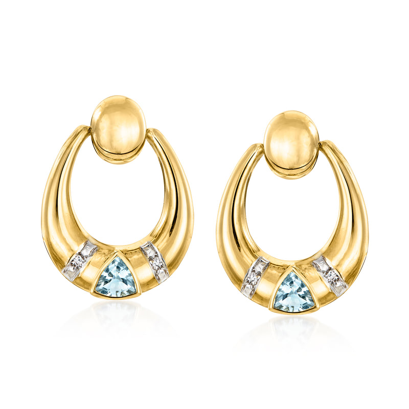 18kt yellow gold aquamarine doorknocker hoop earrings with diamond accents