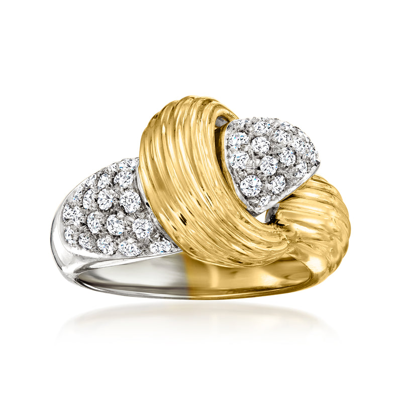 Two-tone diamond knot ring with yellow gold swirl and round white diamond clusters