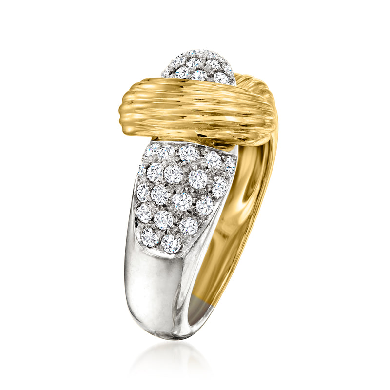 Two-tone diamond knot ring with yellow gold knot and round diamond clusters on white band