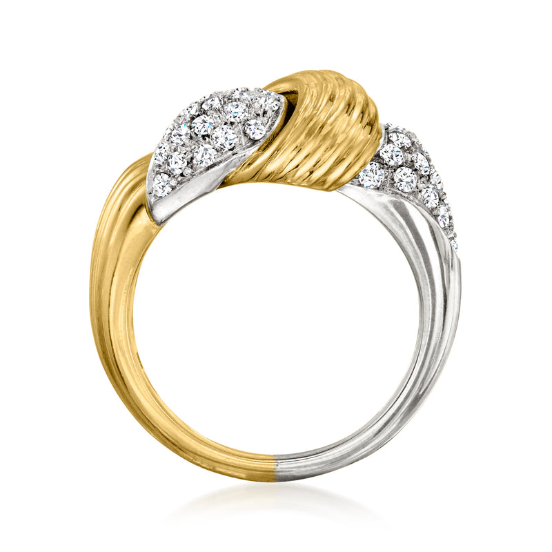 Two-tone diamond knot ring with round diamonds on white top and yellow gold rope knot