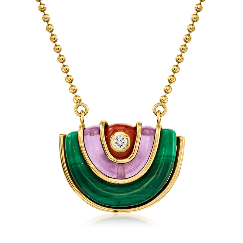 Vintage 18kt yellow gold necklace with crescent multi-gemstone pendant and diamond