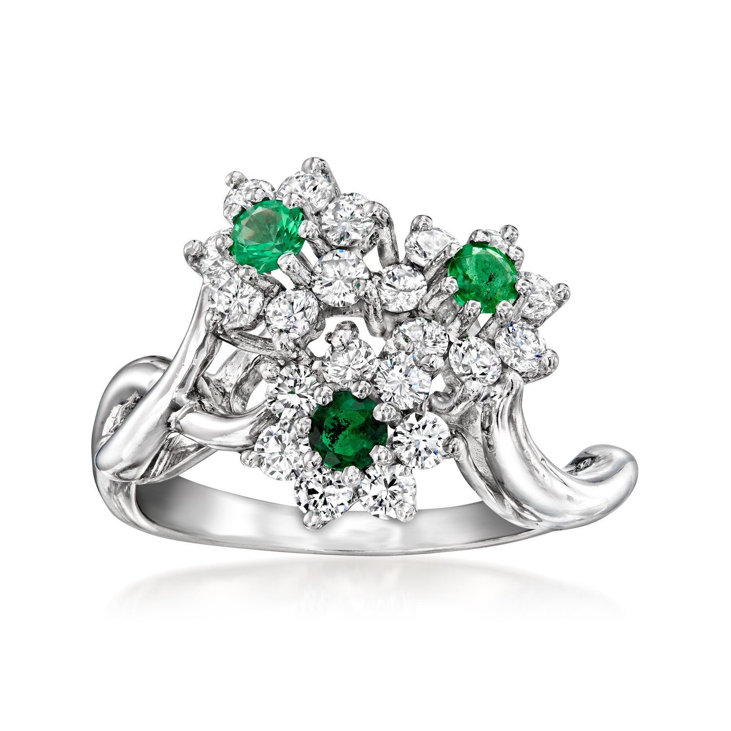 C 1980 Vintage 100 ct tw Diamond and 36 ct tw Emerald Flower Ring in 14kt White Gold