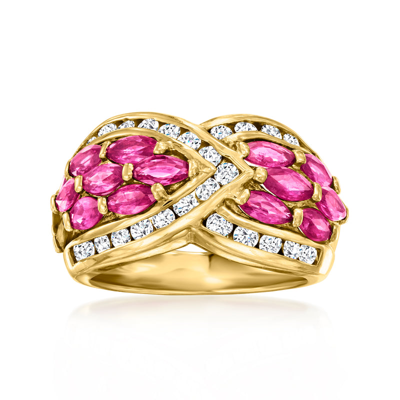 18kt yellow gold vintage ring with oval pink rubies and white diamond accents