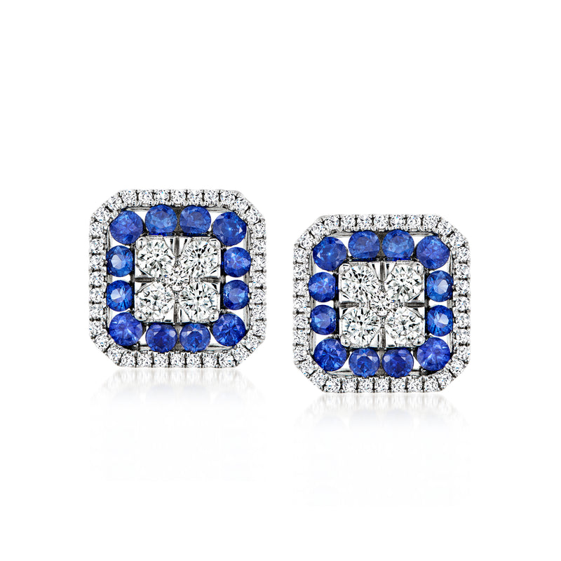 Square sapphire halo stud earrings in white gold with diamond border accents