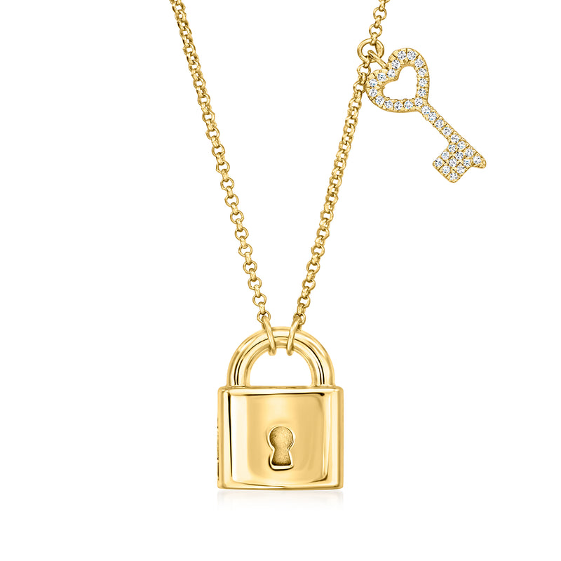 Gold lock and key necklace with round lock face and sparkle key charm