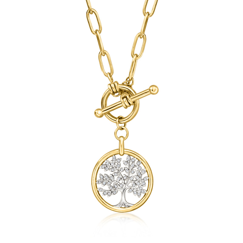 Gold link necklace with round Tree of Life pendant and small diamond accents
