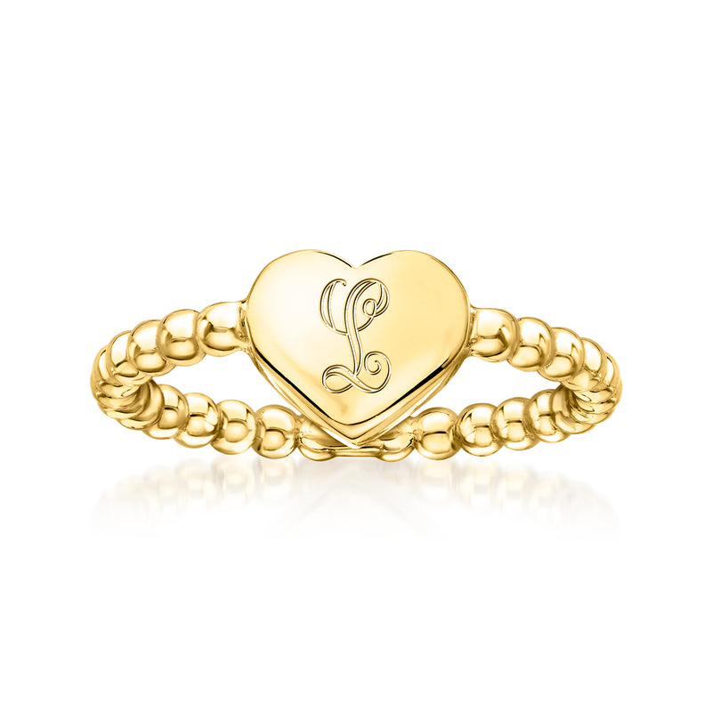 Gold vermeil ring with heart face and beaded band; monogram-style initials on heart