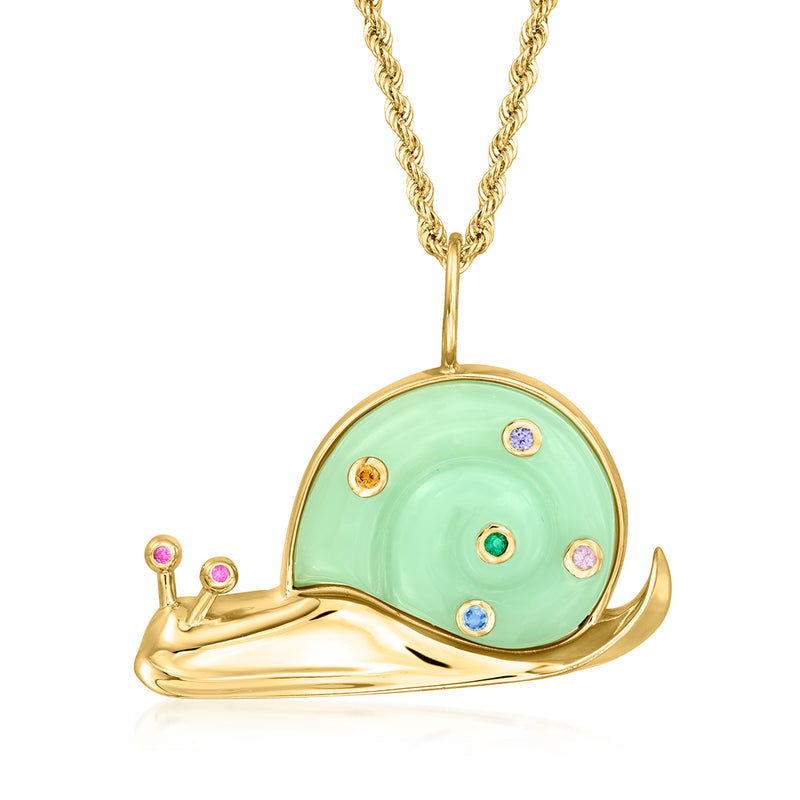 Gold snail pendant necklace with jade-green shell, multicolor gemstones, chain.