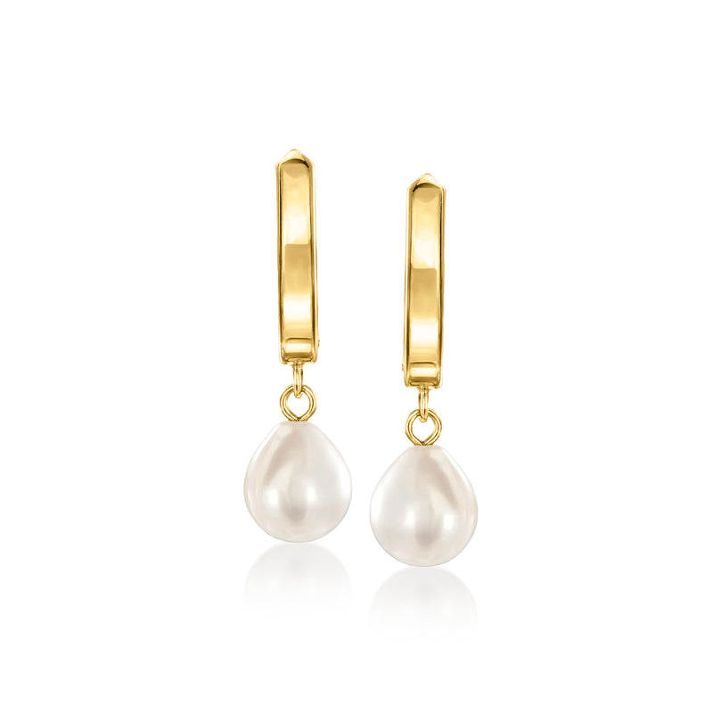 10kt yellow gold hoop drop earrings with white cultured pearls