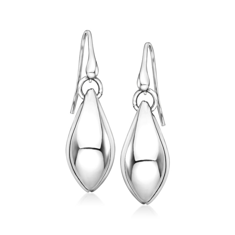 Sterling silver oval domed drop earrings with hinged earwire, polished shine.