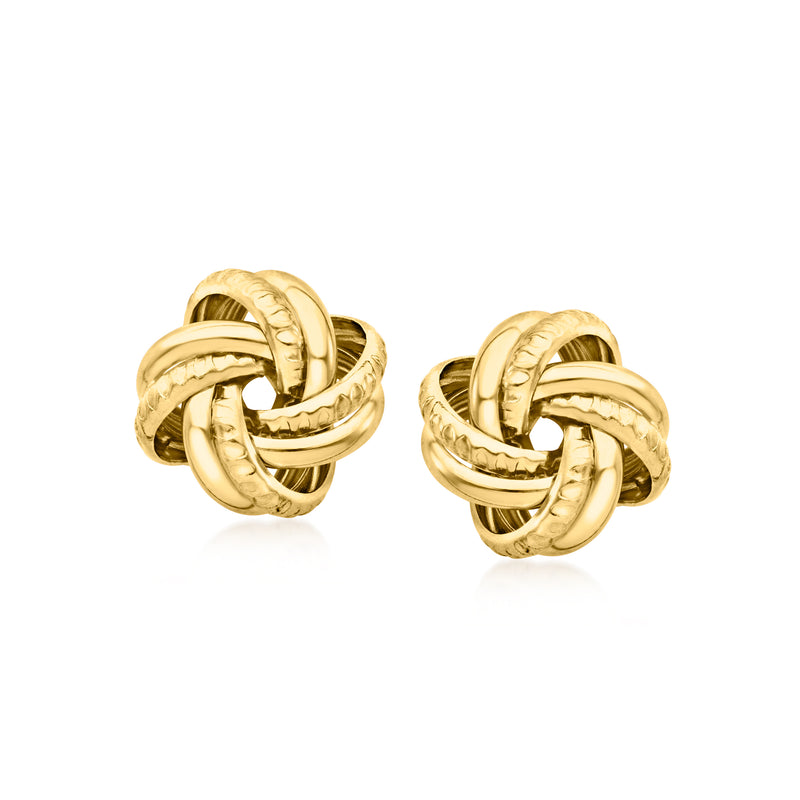 Gold-tone love knot stud earrings with textured interlocking loops