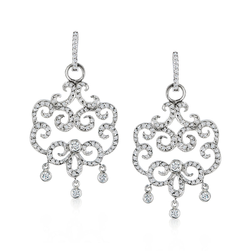 Diamond chandelier huggie hoop earrings with ornate filigree and hanging round stones