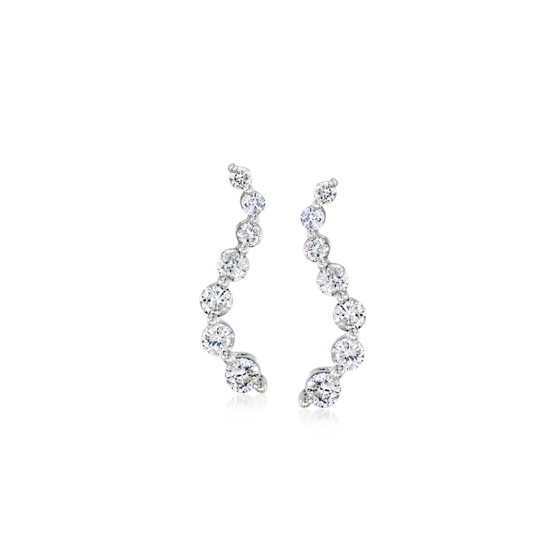 White gold diamond drop earrings with round stones in curved journey row