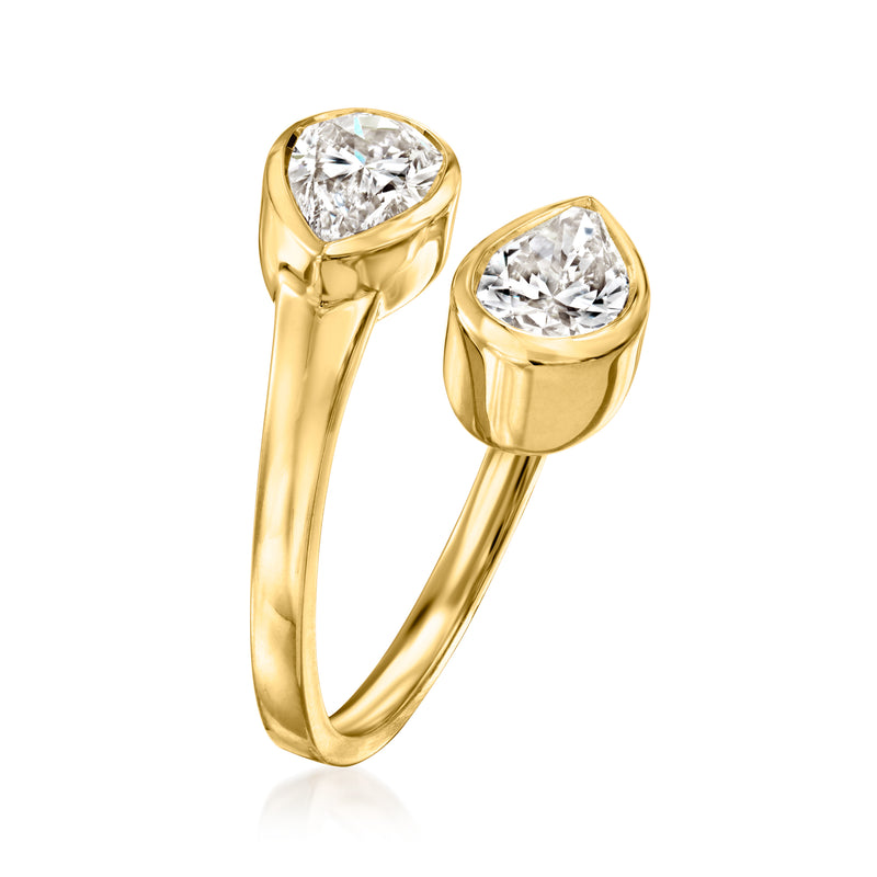 Side view yellow gold bypass ring with two pear-shaped lab-grown diamonds in bezels