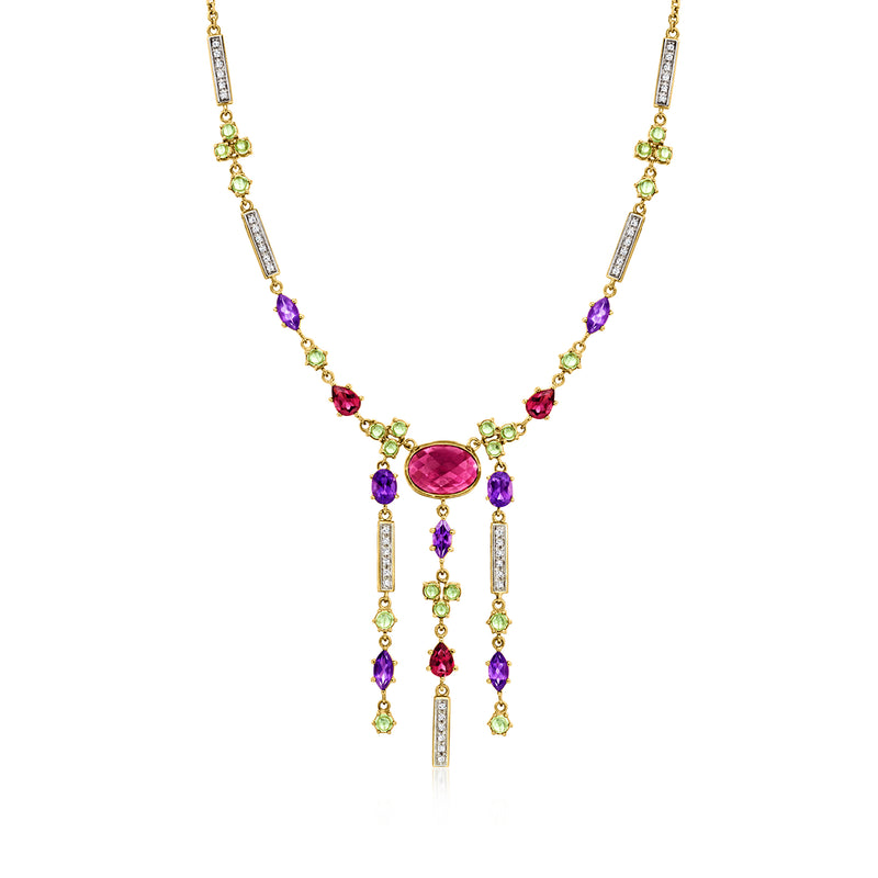 14k yellow gold multi-gemstone necklace with purple/pink stones and diamond bars