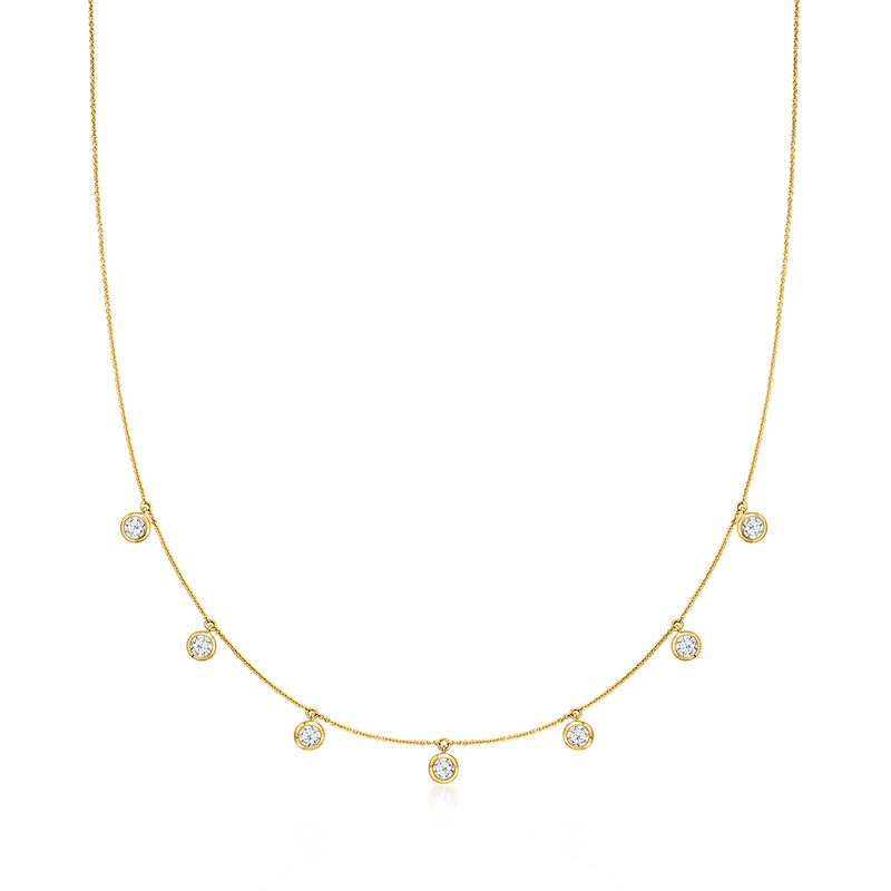 14kt yellow gold diamond station necklace with five round stones, fine chain
