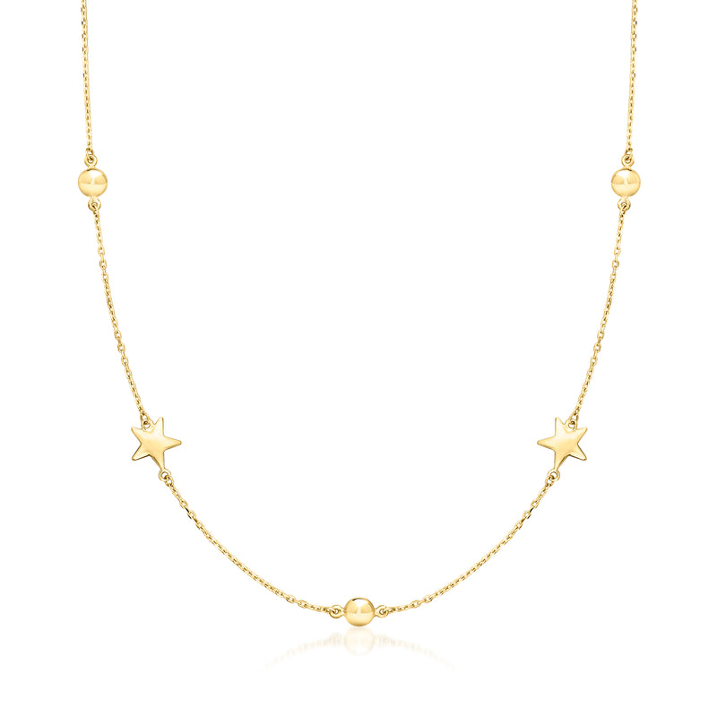 10kt yellow gold station necklace with small beads and two star charms