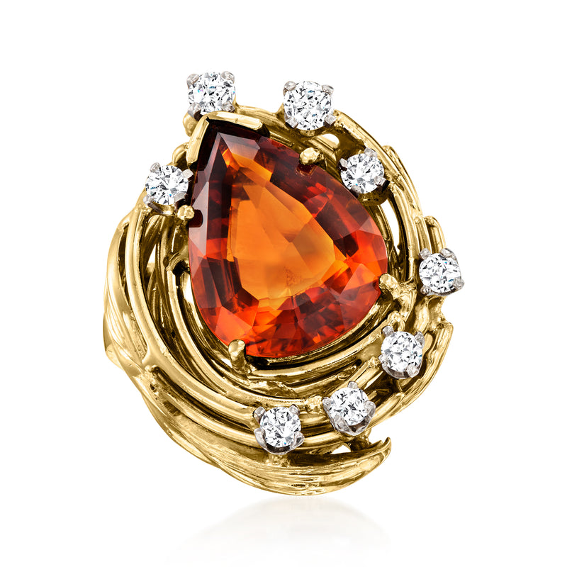 14kt yellow gold swirl ring with large oval citrine and round diamond accents
