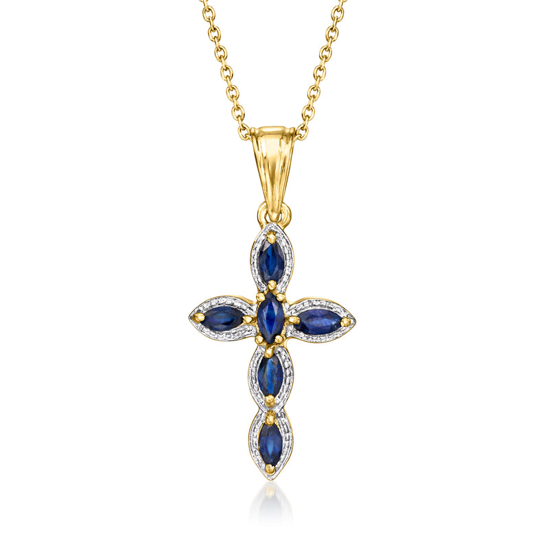 Gold cross pendant necklace with oval blue sapphire stones and small diamond accents