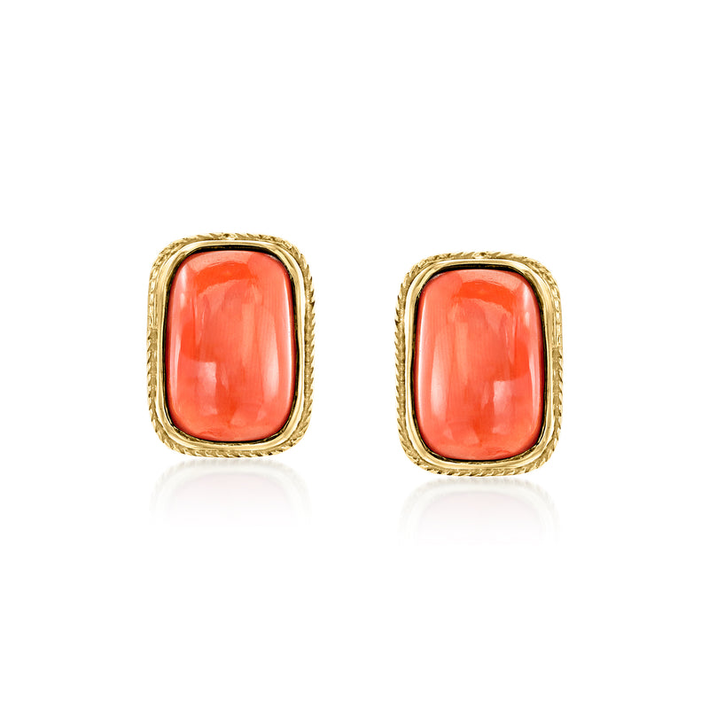 Vintage square red coral cabochon yellow gold stud earrings, rope bezel setting