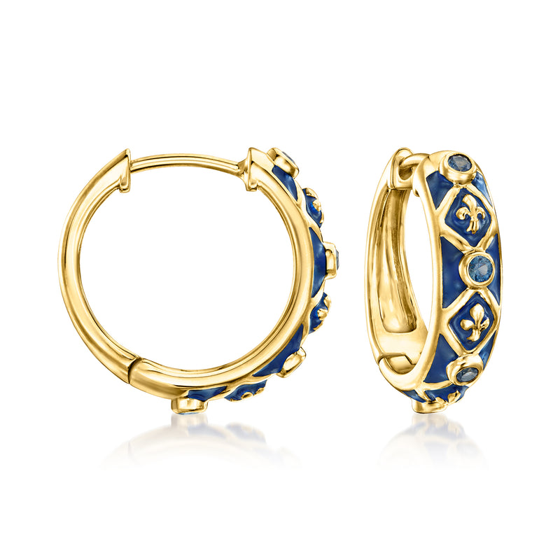Gold hoop earrings with blue enamel fleur-de-lis and small sapphire-like stones, 18kt gold over sterling