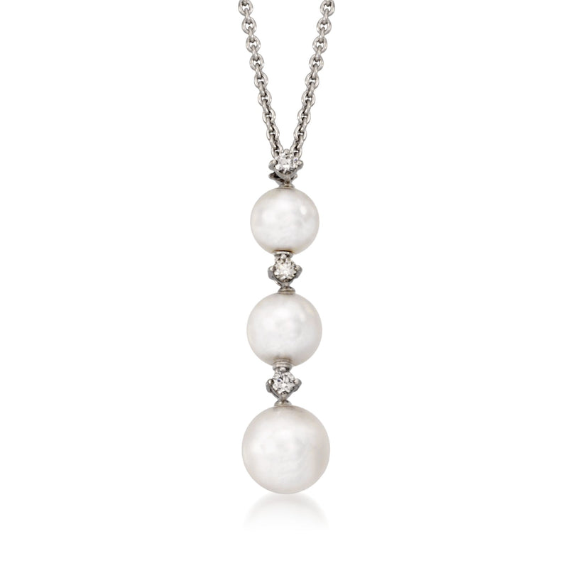 Mikimoto Akoya pearl necklace with three round pearls and diamond accents, 18kt white gold