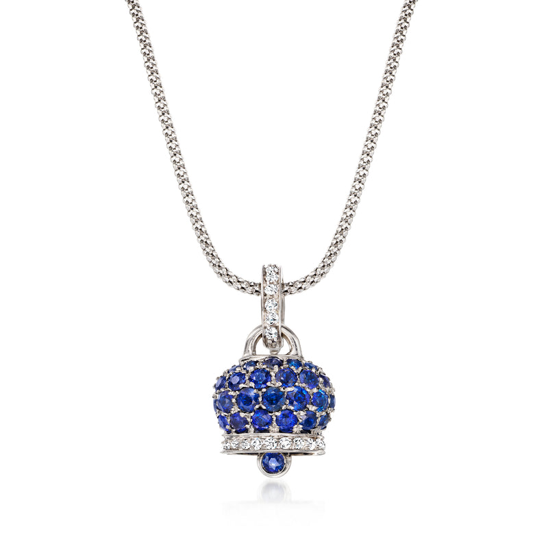 18kt white gold bell pendant necklace with blue sapphire and diamond accents