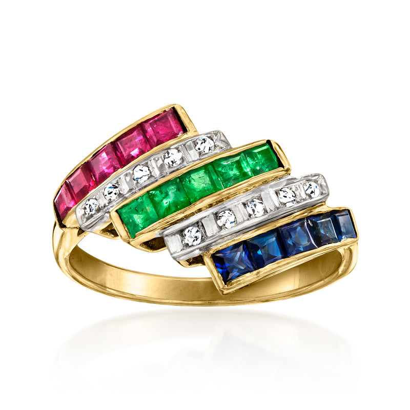 18kt yellow gold multi-gemstone ring with pink, green, blue stones and diamond accents