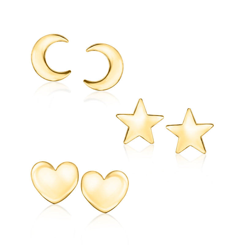 Gold vermeil symbol post earrings set: crescent, star, and heart studs