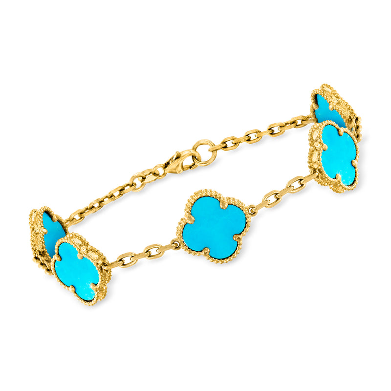 10kt yellow gold bracelet with turquoise howlite clover charms on a curb chain