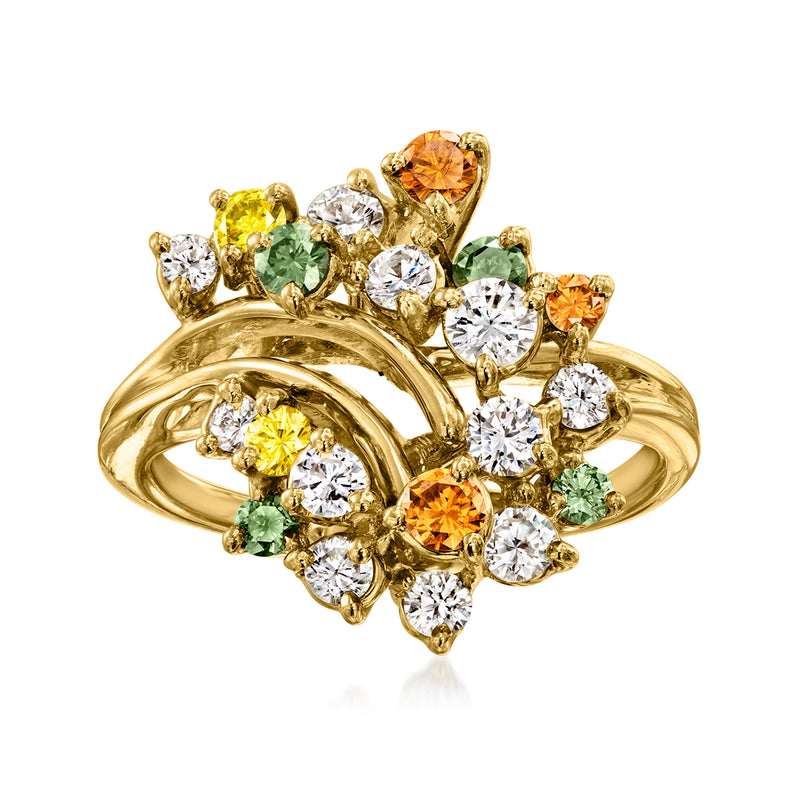 Vintage 14kt yellow gold multicolored diamond cluster ring with round stone settings