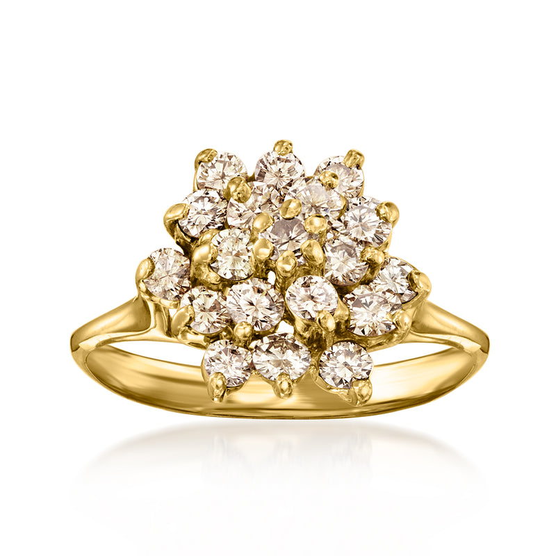 Vintage 14kt yellow gold diamond cluster ring with round stones and scalloped setting