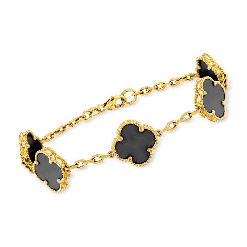 Vintage onyx clover station bracelet, 10kt yellow gold, four-leaf stations