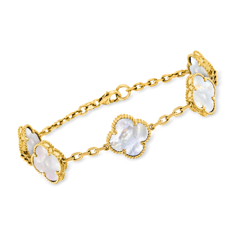 10kt yellow gold clover station bracelet with mother-of-pearl inlay links