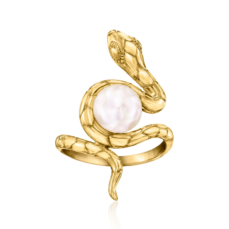 Cultured pearl snake ring in 18kt gold over sterling, round white pearl in gold coil.