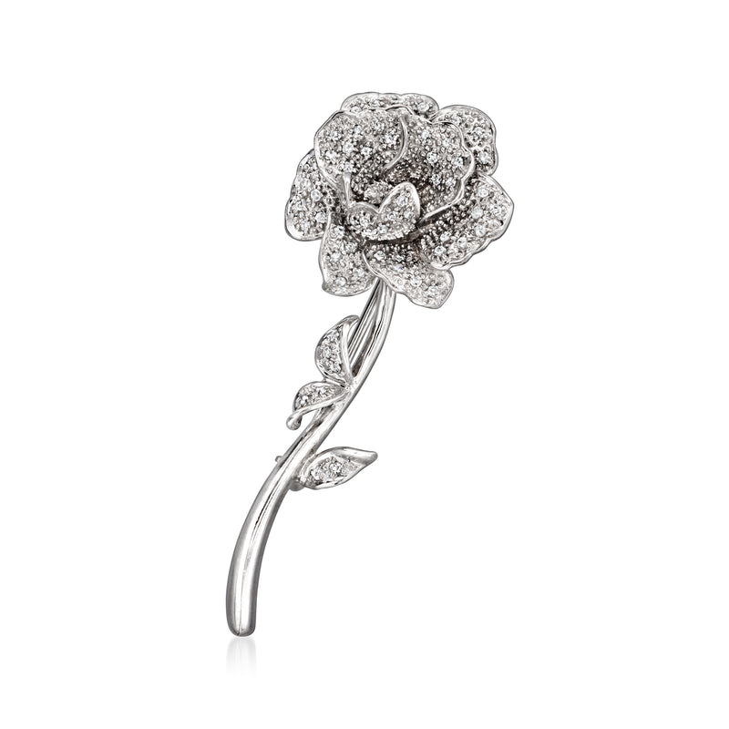 Vintage diamond rose pin in 14kt white gold, floral design with sparkling pave stones