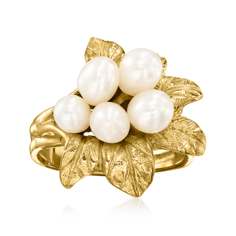 14kt yellow gold flower cluster ring with five cultured pearl blossoms