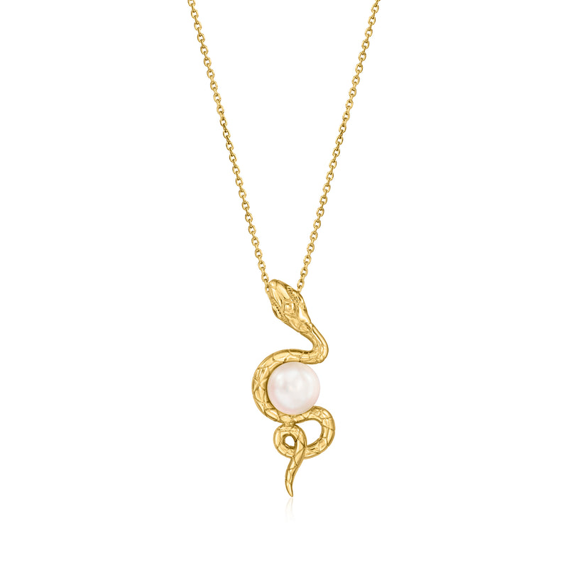 18k gold over sterling snake pendant necklace with white pearl at center