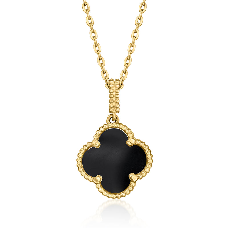 10kt yellow gold clover pendant necklace with onyx stone