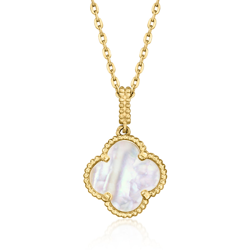 10kt yellow gold clover pendant necklace with mother-of-pearl center