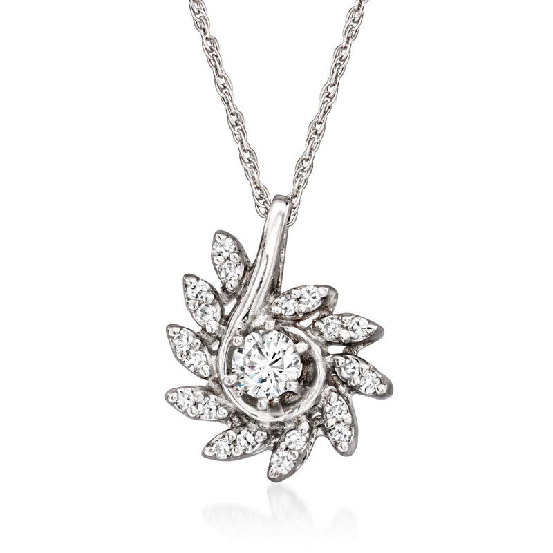 Vintage diamond swirl pendant necklace, 14kt white gold with round center stone